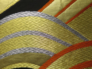 Fukuro Obi Vintage(1950-1980) Black Gold Vermillion Wave Silk BB64W4