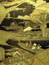 Load image into Gallery viewer, Fukuro Obi Black Gold Hiroshige Toukaido53Tsugi Ukiyoe Zentsu Silk BB126W8
