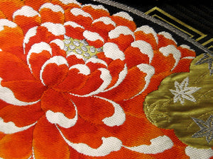 Fukuro Obi Vintage(1950-1980) Black Gold Chrysanthemum Silk BB85W5