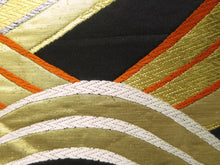 Load image into Gallery viewer, Fukuro Obi Vintage(1950-1980) Black Gold Vermillion Wave Silk BB64W4
