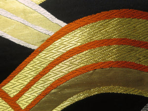 Fukuro Obi Vintage(1950-1980) Black Gold Vermillion Wave Silk BB64W4