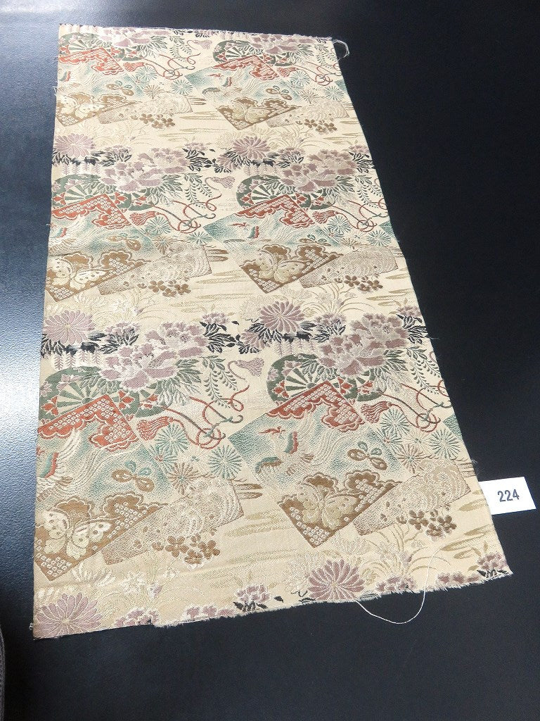 MOF#224 Silk Obi Fabric Vintage(1920-1950) Flower Bird Beige 23.2x11.8in(59x30cm)