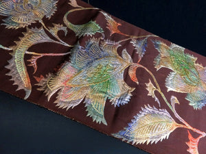 BB8238AA Silk Obi Fabric Vintage(1950-1980) Flower Brown 105.5x11.8in(268x30cm)