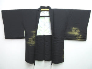 Haori Jacket Vintage(1950-1980) Black Gold Chrysanthemum Silk #7601H4