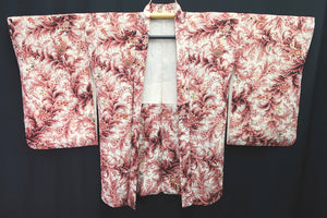 Haori Jacket Vintage(1950-1980) White Reddish Pink Flower Silk #8308C3