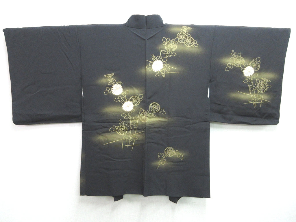 Haori Jacket Vintage(1950-1980) Black Gold Chrysanthemum Silk #7601H4