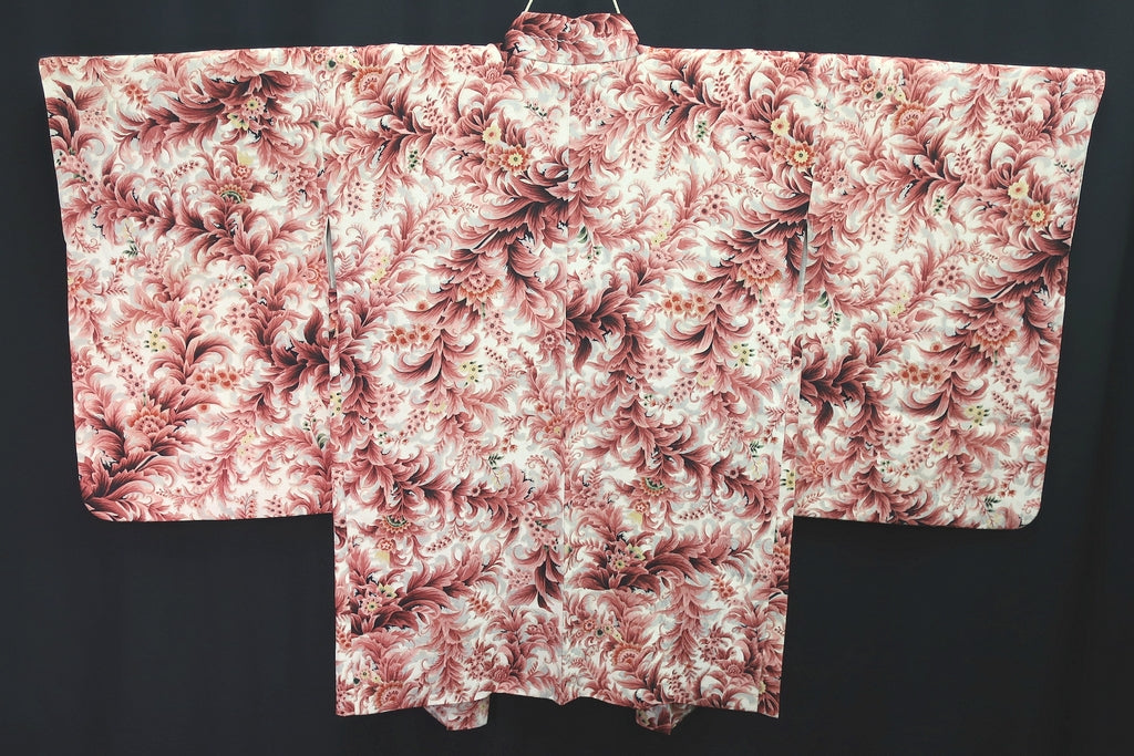 Haori Jacket Vintage(1950-1980) White Reddish Pink Flower Silk #8308C3