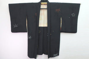Haori Jacket Vintage(1950-1980) Black Bamboo Plum blossom Silk #8382D2