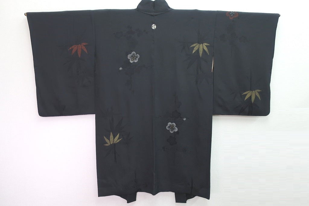 Haori Jacket Vintage(1950-1980) Black Bamboo Plum blossom Silk #8382D2