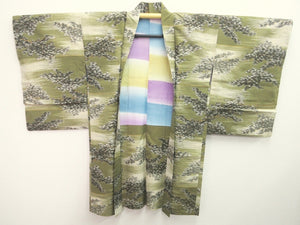 Haori Jacket Vintage(1920-1950) Khaki Tree Meisen Silk #8269C1