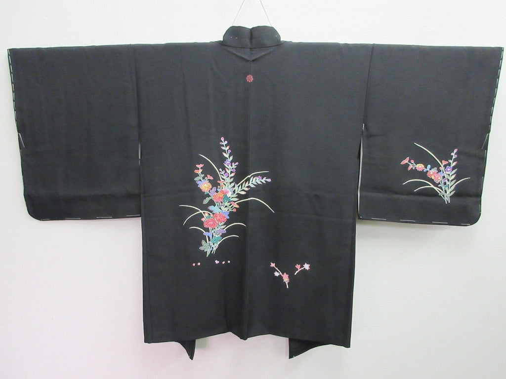 Haori Jacket Vintage(1950-1980) Black Chrysanthemum Silk #8072A1