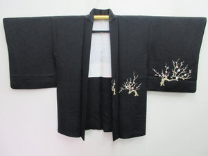 Haori Jacket Vintage(1950-1980) Black Plum blossom Branch Silk #8073A1