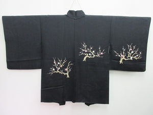 Haori Jacket Vintage(1950-1980) Black Plum blossom Branch Silk #8073A1
