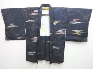 Haori Jacket Vintage(1950-1980) Blueish Black Abstract art Silk #7663J2