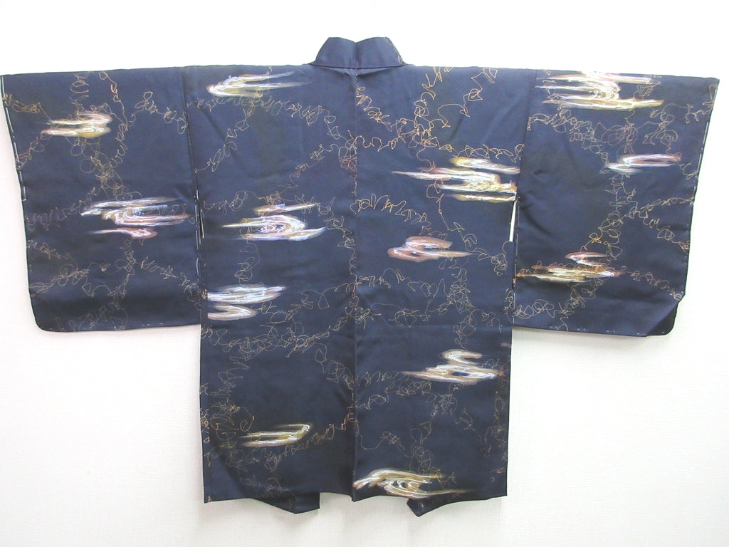 Haori Jacket Vintage(1950-1980) Blueish Black Abstract art Silk #7663J2