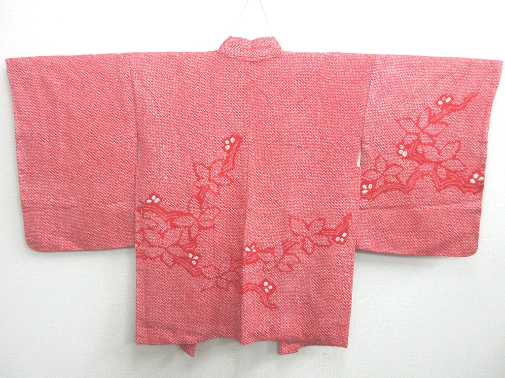 Haori Jacket Vintage(1950-1980) Red Full Shibori Bellflower Silk #7745K2