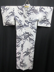 Yukata Vintage(1950-1980) White Navy Wave Cotton #8016N2