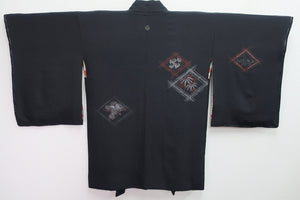 Haori Jacket Vintage(1950-1980) Black Bamboo leaf Chrysanthemum Silk #8424E1