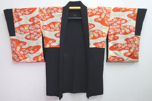Haori Jacket Vintage(1950-1980) Black Bamboo leaf Chrysanthemum Silk #8424E1