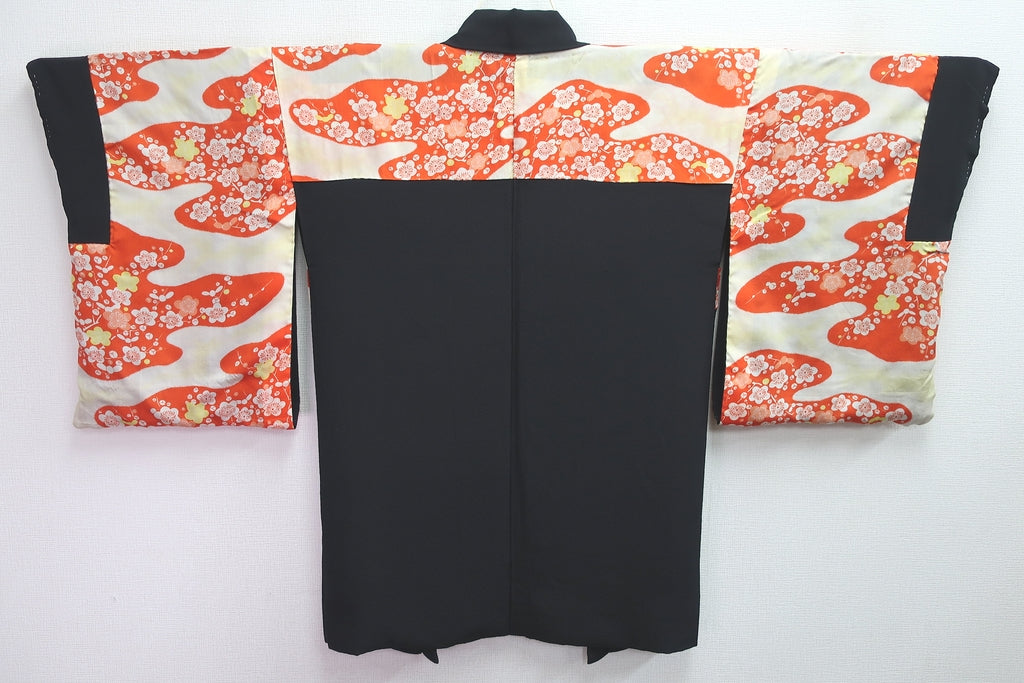 Haori Jacket Vintage(1950-1980) Black Bamboo leaf Chrysanthemum Silk #8424E1