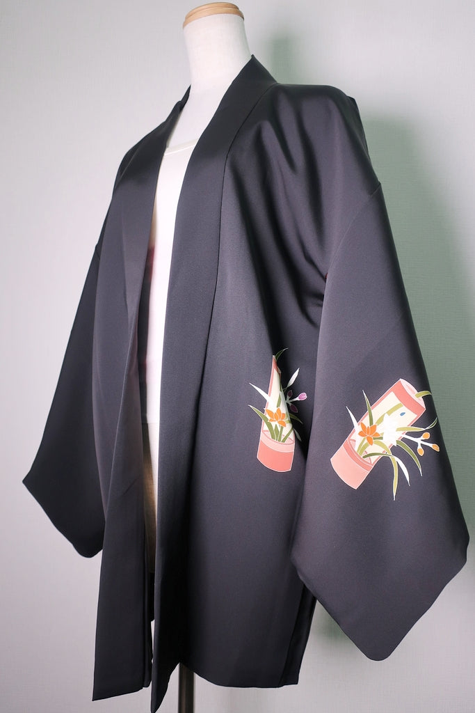 Haori Jacket Vintage(1950-1980) Black Flower Silk #8726J4