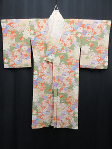 Juban Vintage(1920-1950) Mist green Vermillion Chrysanthemum Maple Leaf Silk #8113A3