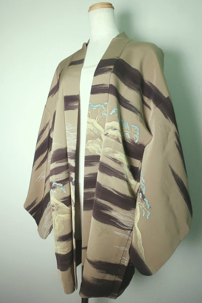 Haori Jacket Vintage(1950-1980) Light Khaki Landscape Silk #8524F3