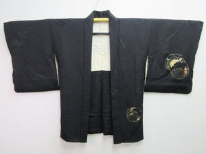 Haori Jacket Vintage(1950-1980) Black Chrysanthemum Plum blossom Silk #7699J4