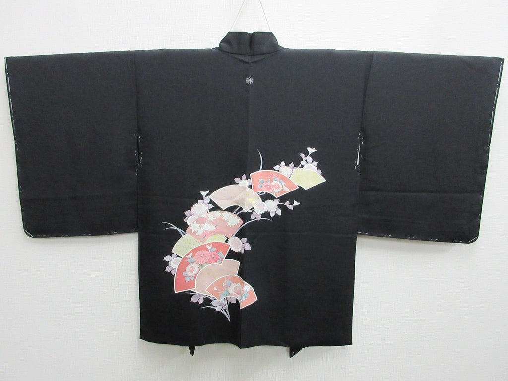 Haori Jacket Vintage(1950-1980) Black Chrysanthemum Maple Folding Fan Silk #7848L3