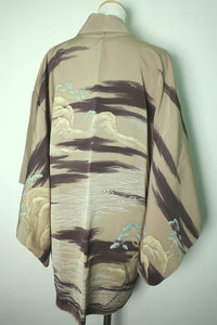 Haori Jacket Vintage(1950-1980) Light Khaki Landscape Silk #8524F3