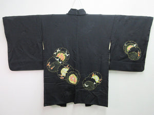 Haori Jacket Vintage(1950-1980) Black Chrysanthemum Plum blossom Silk #7699J4