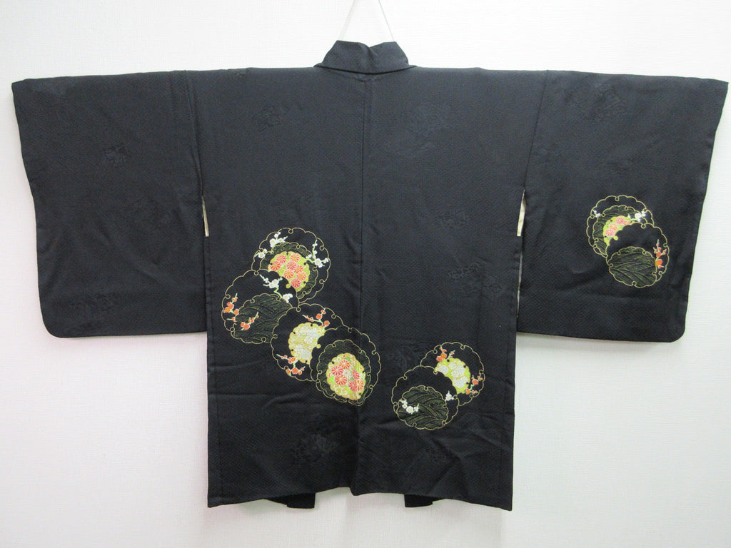 Haori Jacket Vintage(1950-1980) Black Chrysanthemum Plum blossom Silk #7699J4