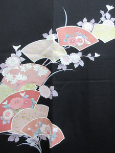 Haori Jacket Vintage(1950-1980) Black Chrysanthemum Maple Folding Fan Silk #7848L3