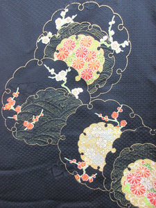 Haori Jacket Vintage(1950-1980) Black Chrysanthemum Plum blossom Silk #7699J4
