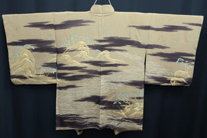 Haori Jacket Vintage(1950-1980) Light Khaki Landscape Silk #8524F3
