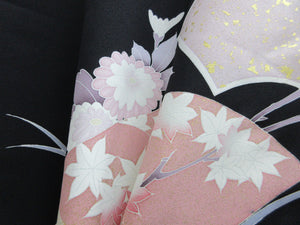 Haori Jacket Vintage(1950-1980) Black Chrysanthemum Maple Folding Fan Silk #7848L3