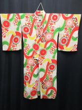 Load image into Gallery viewer, Girl&#39;s Kimono Vintage(1950-1980) White Red Green Chrysanthemum Wave Silk #8119A4
