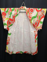 Load image into Gallery viewer, Girl&#39;s Kimono Vintage(1950-1980) White Red Green Chrysanthemum Wave Silk #8119A4
