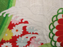 Load image into Gallery viewer, Girl&#39;s Kimono Vintage(1950-1980) White Red Green Chrysanthemum Wave Silk #8119A4
