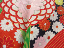 Load image into Gallery viewer, Girl&#39;s Kimono Vintage(1950-1980) White Red Green Chrysanthemum Wave Silk #8119A4
