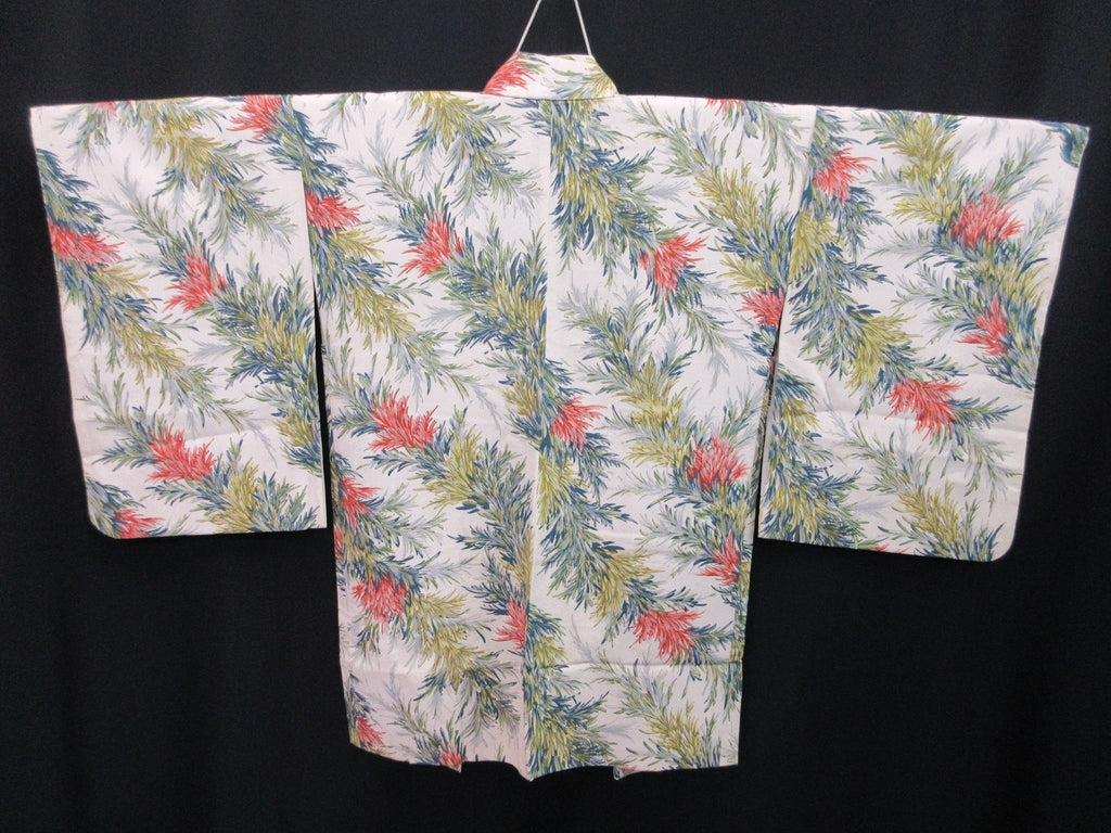 Haori Jacket Vintage(1950-1980) White Leaf Silk #7802K5