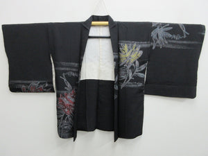 Haori Jacket Vintage(1950-1980) Black Gold Silver Flower Silk #7937M3
