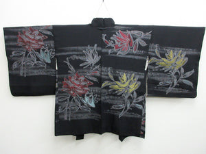 Haori Jacket Vintage(1950-1980) Black Gold Silver Flower Silk #7937M3