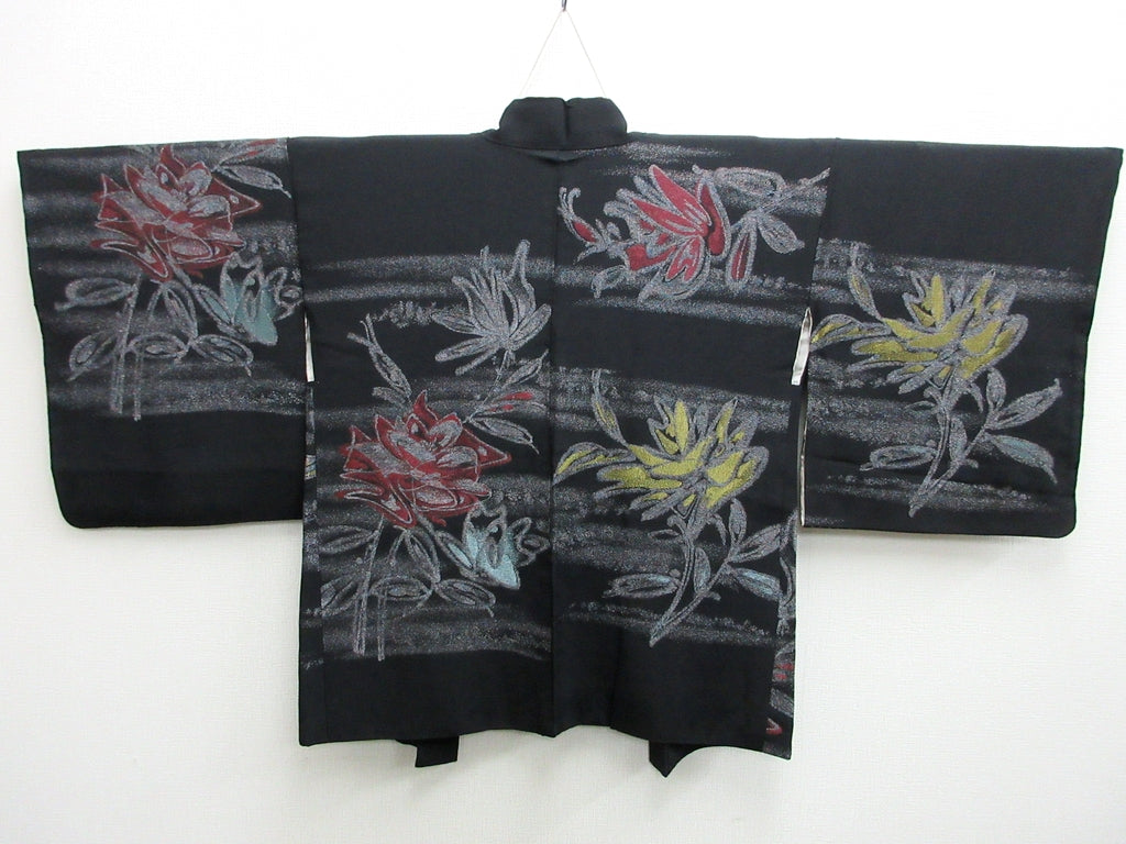 Haori Jacket Vintage(1950-1980) Black Gold Silver Flower Silk #7937M3