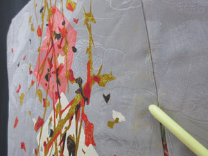 Haori Jacket Vintage(1920-1950) Gray Plum blossom Rinzu Long Silk #7803K5