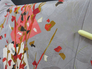 Haori Jacket Vintage(1920-1950) Gray Plum blossom Rinzu Long Silk #7803K5