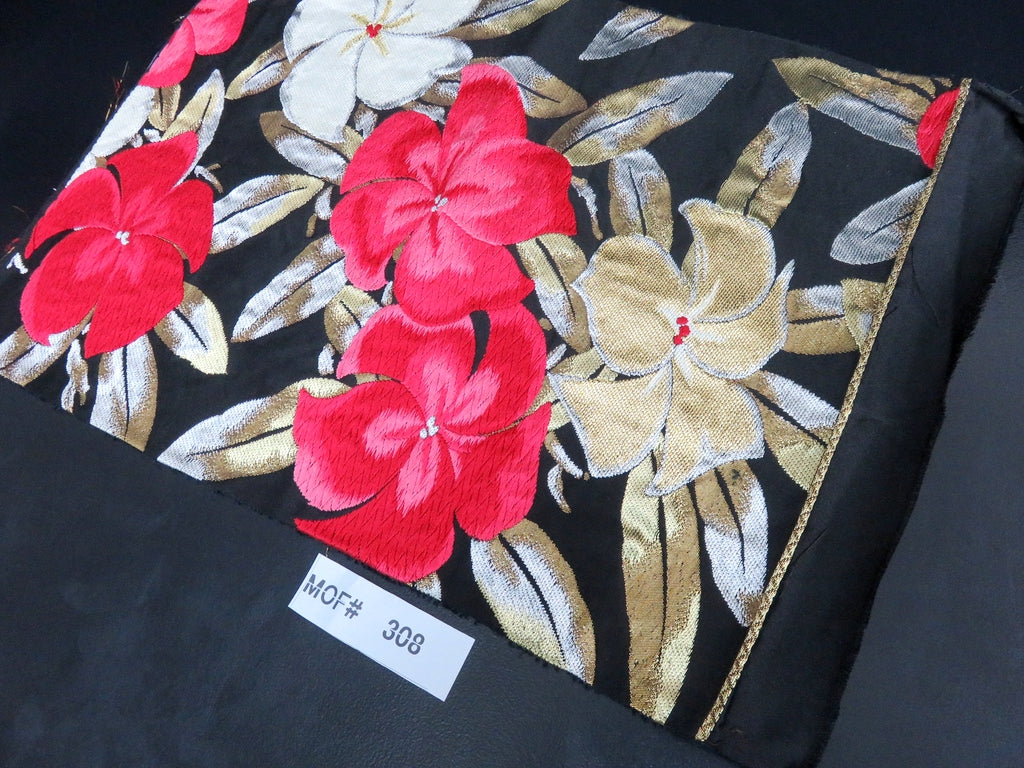 MOF#308 Silk Obi Fabric Vintage(1950-1980) Oleander Black Red 15.0x11.8in(38x30cm)