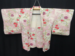 Haori Jacket Vintage(1950-1980) Cream white Chrysanthemum Maple Leaf Silk #7859L3
