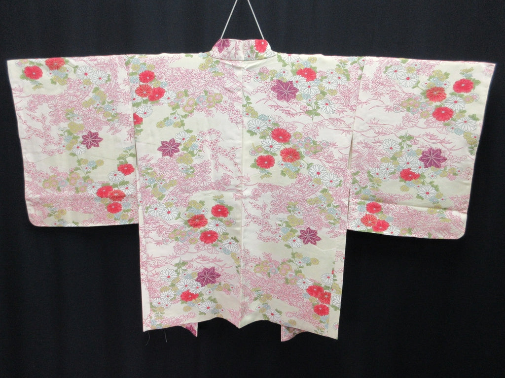 Haori Jacket Vintage(1950-1980) Cream white Chrysanthemum Maple Leaf Silk #7859L3