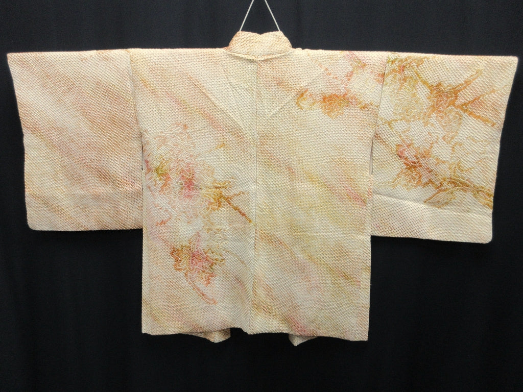 Haori Jacket Vintage(1950-1980) Yellow brown Full Shibori Leaf Silk #7939M3